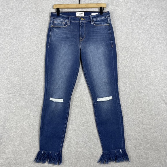 Frame Denim Denim - FRAME Le Skinny de Jeanne Fringe Hem Jeans Womens 31 Ripped Distressed Grunge